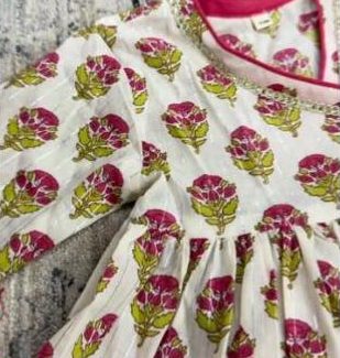 Close-up of a floral block-print frock
