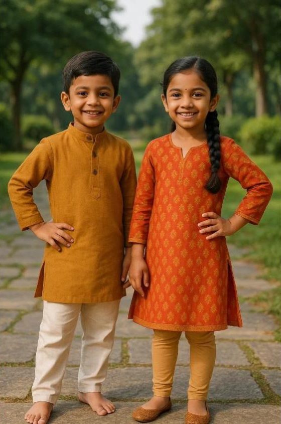 Boy in mustard kurta and girl in orange printed kurti in a garden
