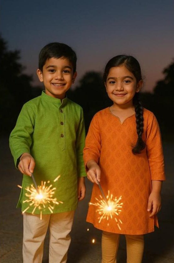 Boy in green kurta and girl in orange kurti holding sparklers