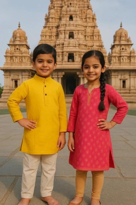 Boy in yellow kurta and girl in pink kurti in front of a temple